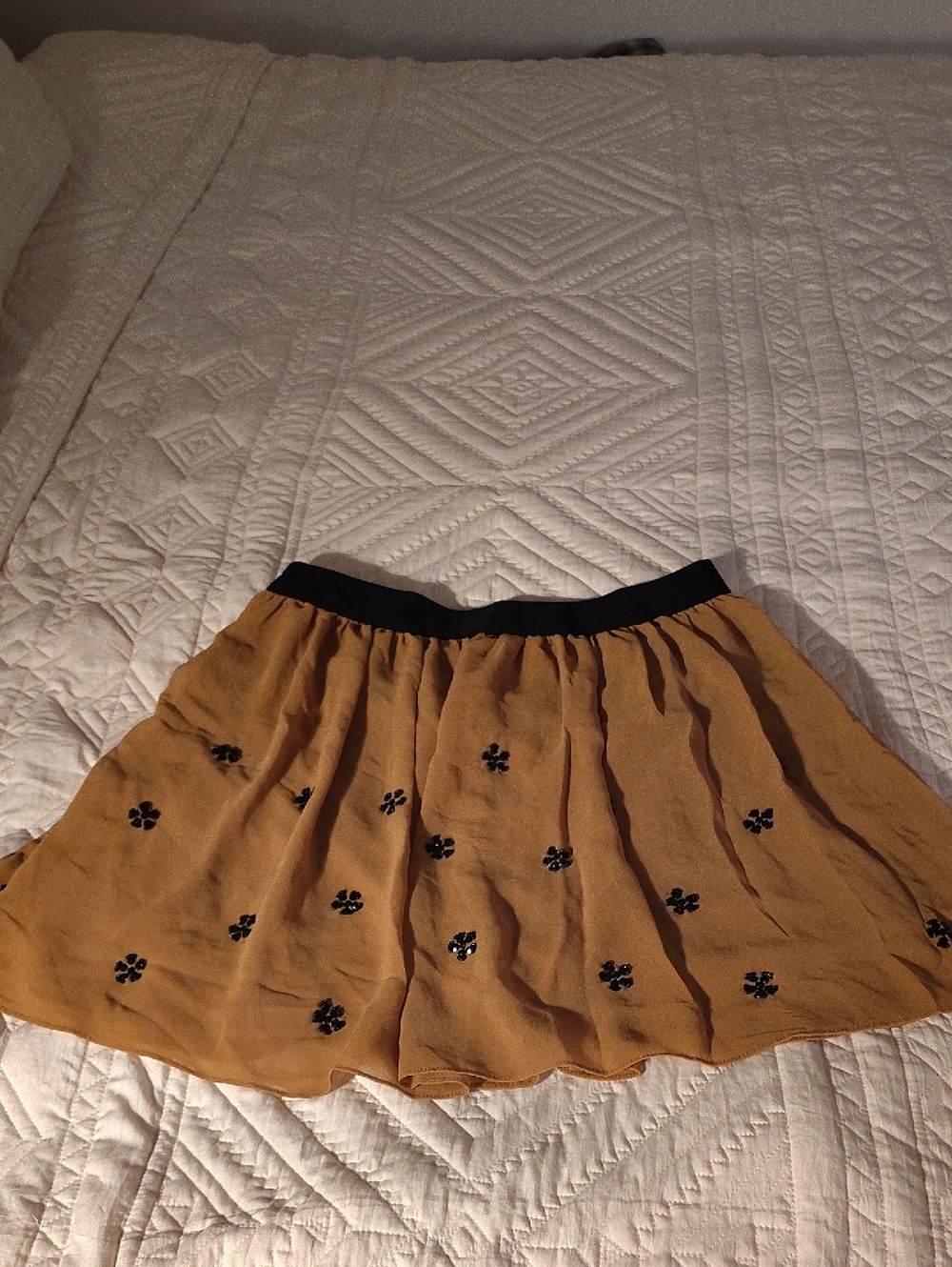 Women's Mustard Embroidered Flared Skirt with Black Waistband
